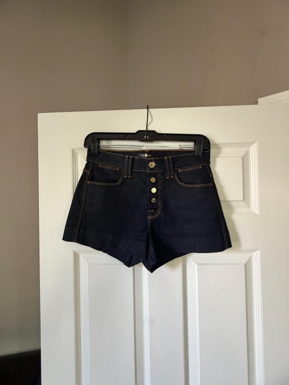 7 For All Mankind Dark Blue High-Rise Button-Fly Denim Shorts